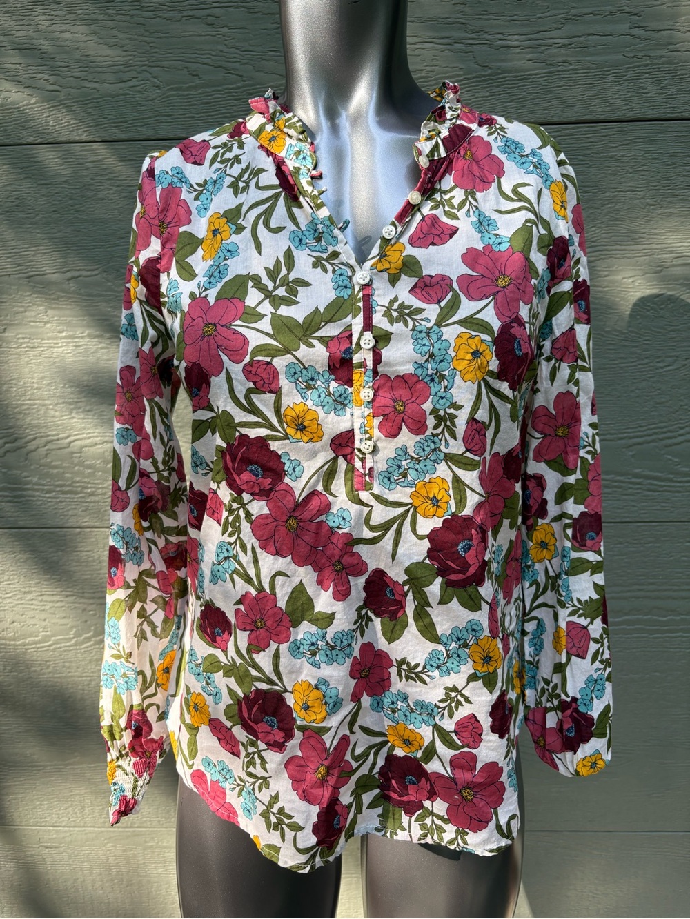 Talbots Floral Ruffle Cotton Henley Blouse with Bold Floral Print
